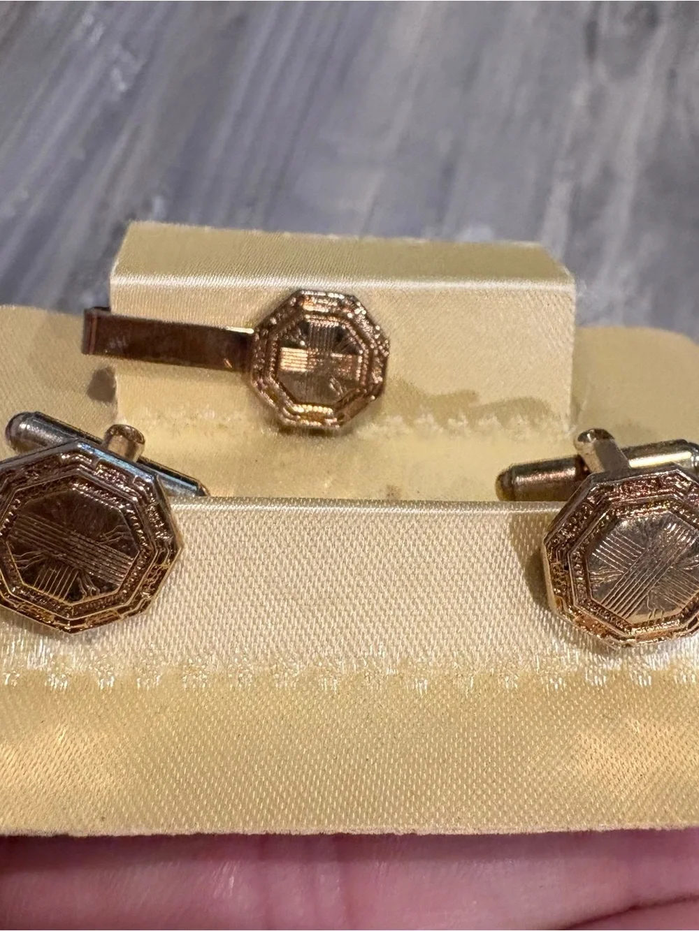 Gold-tone Octagon Cufflinks with Tie Clip Set